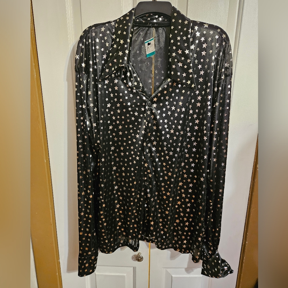 Black Collared Metallic Silver Stars Blouse, size XXL
